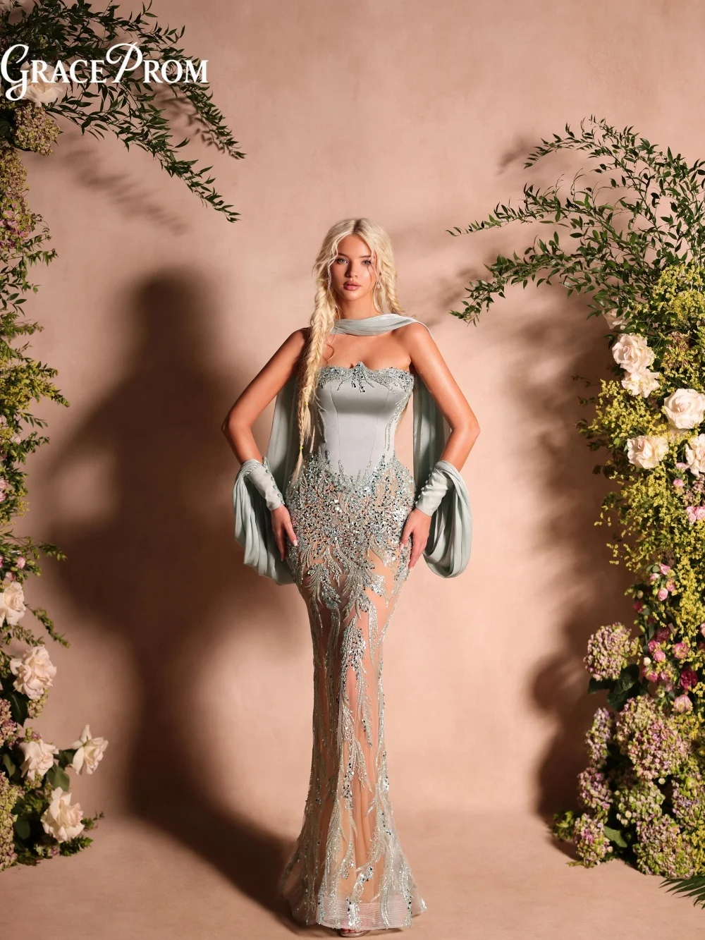 Romantic Sage Floral Beads Evening Gown 2026 Strapless Scarf Sleeve Mermaid Formal Dress For Garden Prom Nights فساتين سهرة
Romantic Sage Floral Beads Evening Gown 2026 Strapless Scarf Sleeve Mermaid Formal Dress For Garden Prom Nights فساتين سهرة