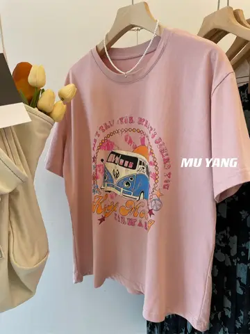 Retro Pure Cotton Pink ort Sve T-irt Women's Sle Comfortable Breathable Summer Casual round Ne Top for Young Women