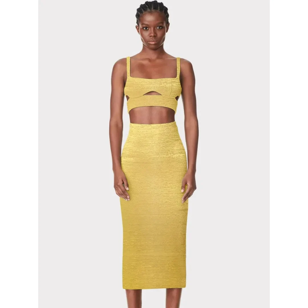 Women Summer Sexy Sleeveless Backless Bronzing Gold Midi Bodycon Skirt Bandage Set Elegant Evening Club Party Outfits
Women Summer Sexy Sleeveless Backless Bronzing Gold Midi Bodycon Skirt Bandage Set Elegant Evening Club Party Outfits