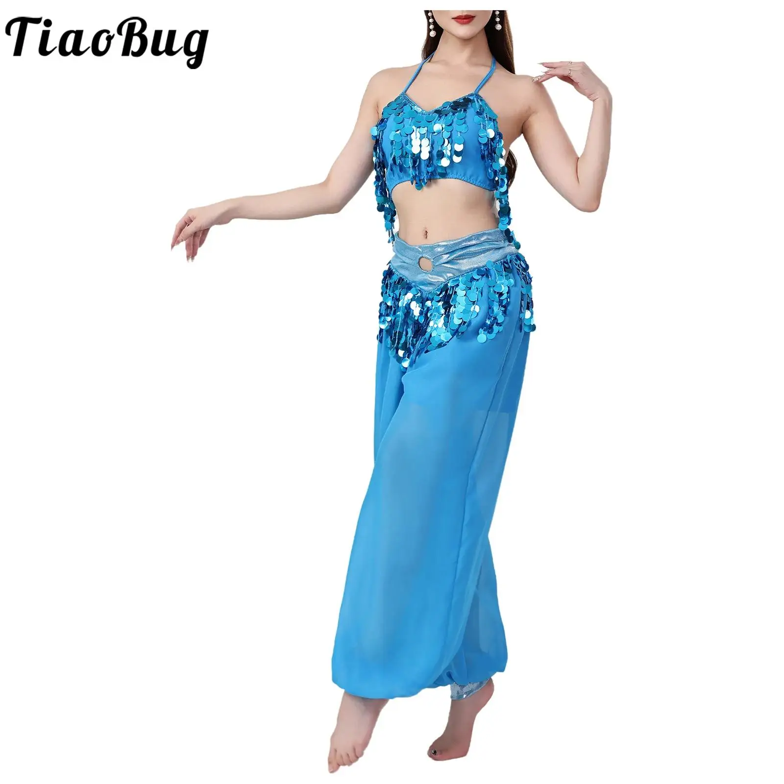 Womens Chiffon Costume for Belly Dancewear Sequin Tassel Belly Outfits Lace-up Crop Top and Lantern Pants Set for Stage Training
Womens Chiffon Costume for Belly Dancewear Sequin Tassel Belly Outfits Lace-up Crop Top and Lantern Pants Set for Stage Training
