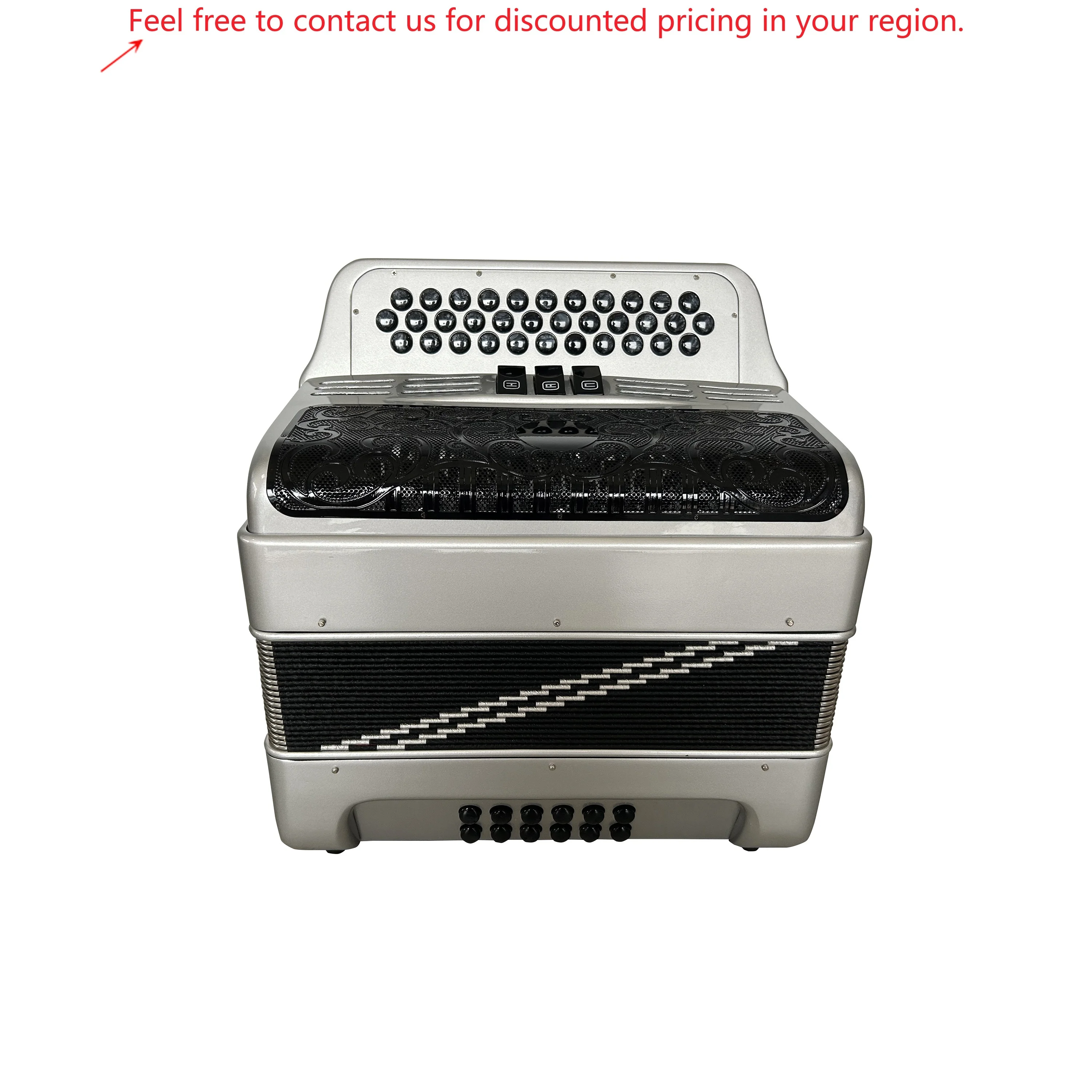 Professional JB3412C Musical Accordion With 34 Buttons 12 Bass & 3 Register Silver & Black Color Black Buttons & Grill
Professional JB3412C Musical Accordion With 34 Buttons 12 Bass & 3 Register Silver & Black Color Black Buttons & Grill