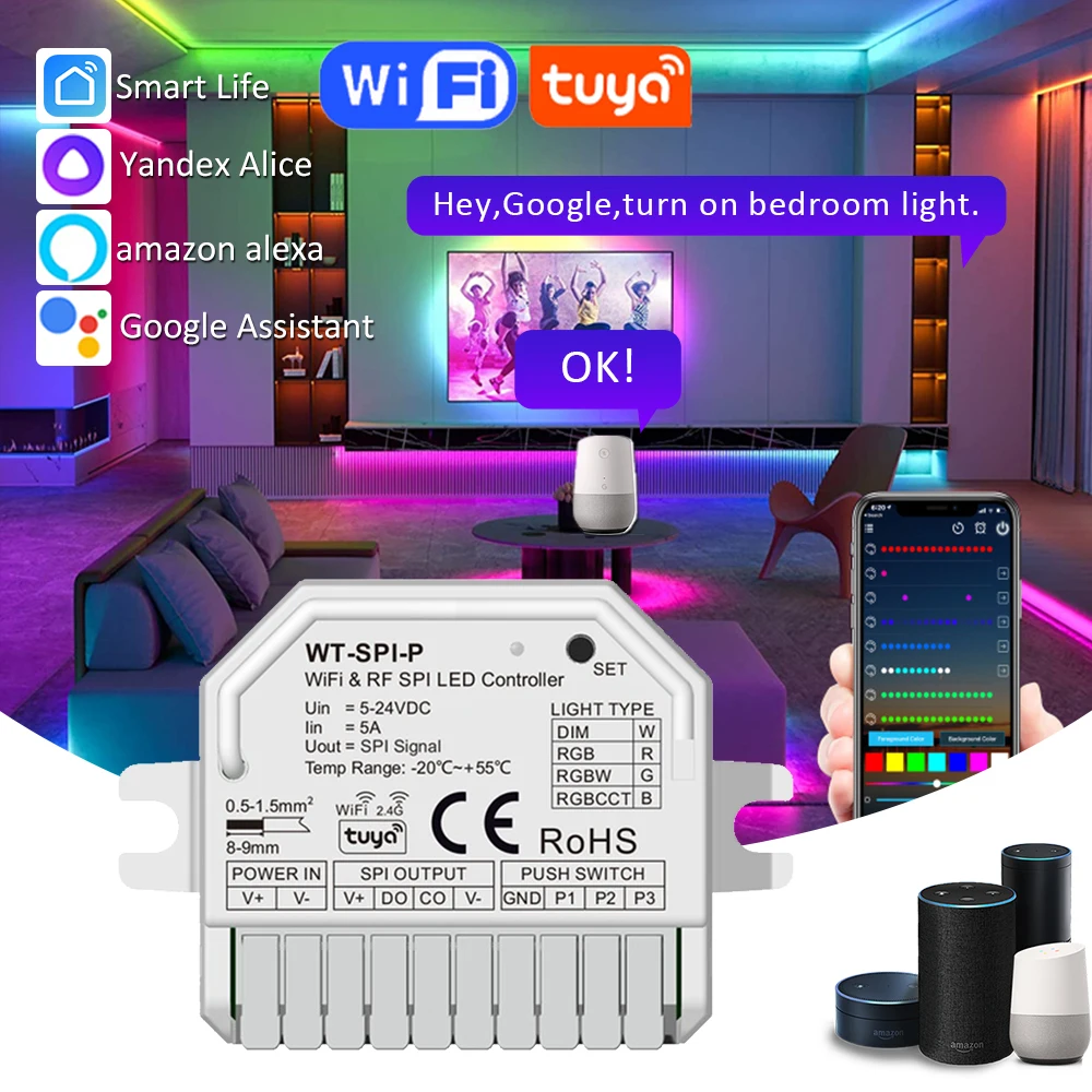Tuya WiFi SPI LED Controller Single for Color RGB RGBCCT RGBW SPI LED Strip Pixel Running Light WS2811 Ws2812 SK6812 WT-SPI-P
Tuya WiFi SPI LED Controller Single for Color RGB RGBCCT RGBW SPI LED Strip Pixel Running Light WS2811 Ws2812 SK6812 WT-SPI-P