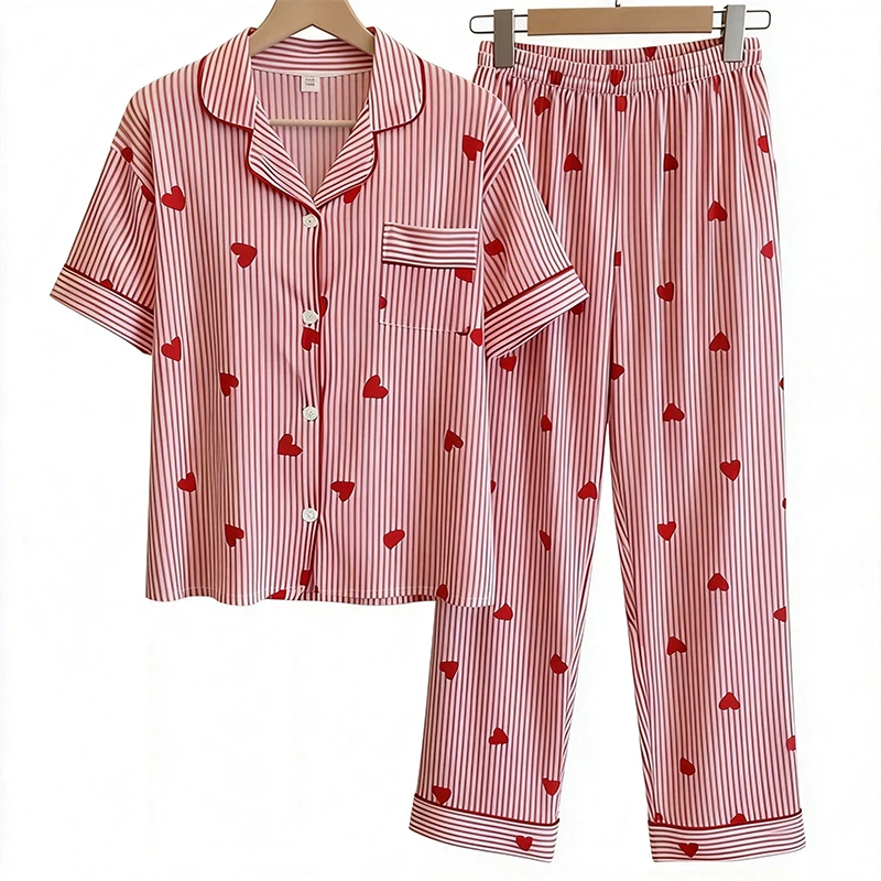 Ladies Ins Sweet Striped Love Wrinkle Cloth Short Sleeve Pants Women's Home Clothes Pajama Set Women's Sleepwear Homewear
Ladies Ins Sweet Striped Love Wrinkle Cloth Short Sleeve Pants Women's Home Clothes Pajama Set Women's Sleepwear Homewear