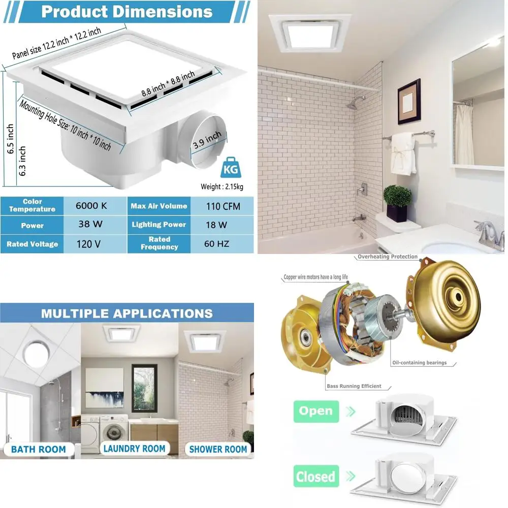 12-Inch 6000K 18W Square LED Ceiling Mount Exhaust Fan with Light, 110V, 4-Inch Duct for Bathroom, Office, Home
12-Inch 6000K 18W Square LED Ceiling Mount Exhaust Fan with Light, 110V, 4-Inch Duct for Bathroom, Office, Home