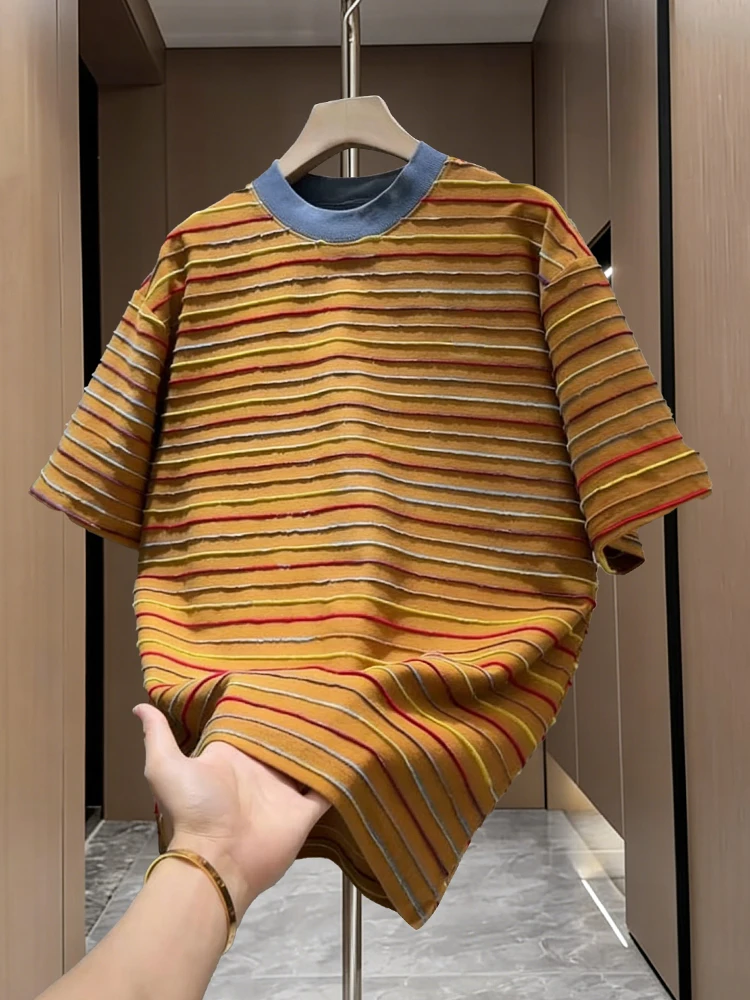 Loose Fit Summer New Color Block Striped Short Sleeve round Neck T-Shirt Couples Style Casual Heavyweight Men's Fashion Tee
Loose Fit Summer New Color Block Striped Short Sleeve round Neck T-Shirt Couples Style Casual Heavyweight Men's Fashion Tee