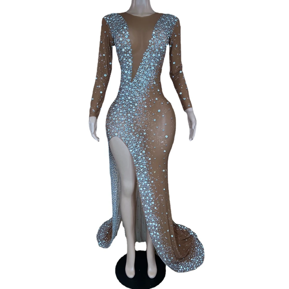Sparkly Silver Rhinestones Brown High Split Long Trail Dress Women Birthday Celebrate Wedding Gown Dress Women Sexy Evening Wear
Sparkly Silver Rhinestones Brown High Split Long Trail Dress Women Birthday Celebrate Wedding Gown Dress Women Sexy Evening Wear