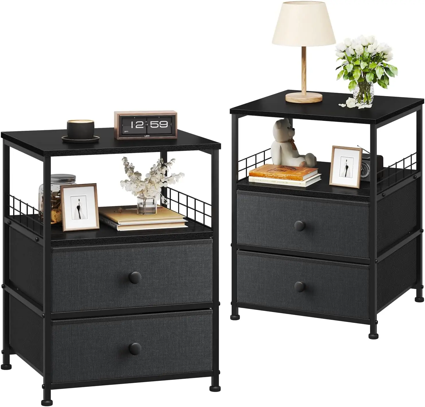 Nightstands Set of 2, Bedside Table with Fabric Drawers and Open Wood Shelf Storage, Bed Side Table with Metal Frame Night Stand
Nightstands Set of 2, Bedside Table with Fabric Drawers and Open Wood Shelf Storage, Bed Side Table with Metal Frame Night Stand