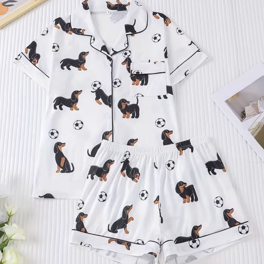 Animal Themed Pajamas White with Football Dachshund Print Lapel Short Sleeve Shorts Loungewear Home Wear Set Gifts for Women
Animal Themed Pajamas White with Football Dachshund Print Lapel Short Sleeve Shorts Loungewear Home Wear Set Gifts for Women