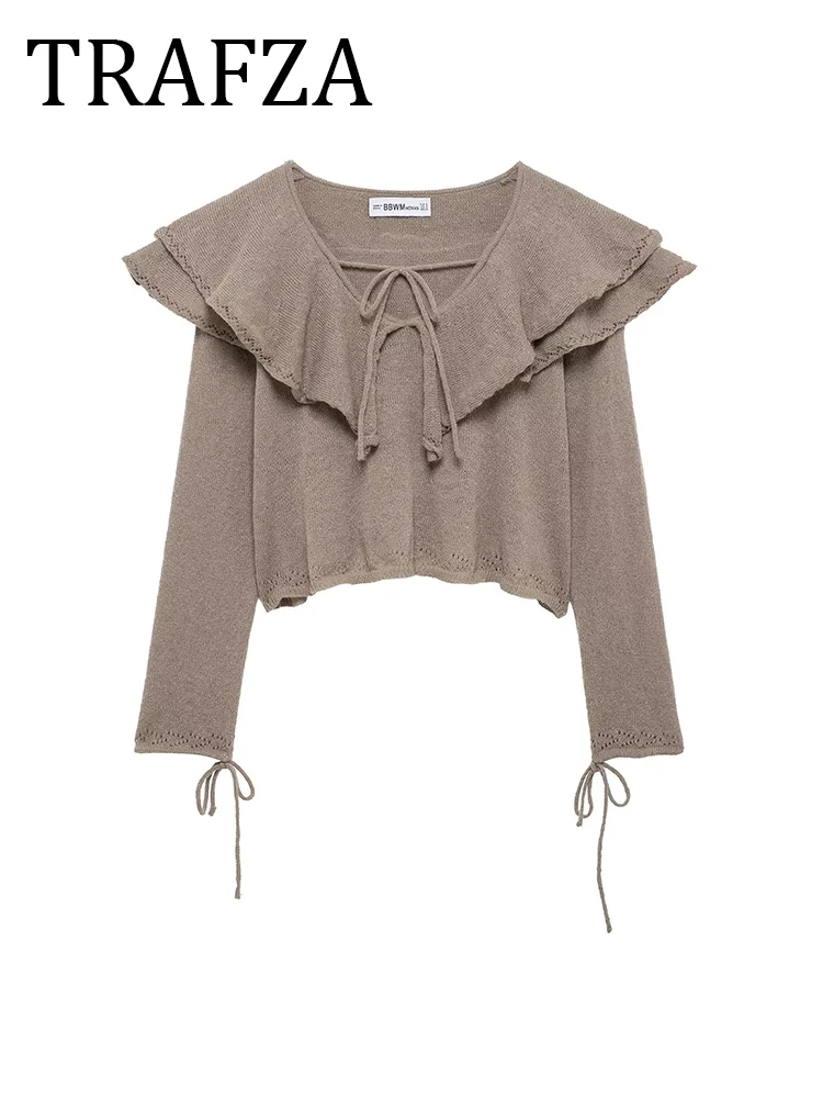 TRAFZA Women's Lace Up Knit Sweater V Neck Long Sleeves Ruffled Knitwear 2025 Spring For Woman Knit Pullovers Brown Top Shirt
TRAFZA Women's Lace Up Knit Sweater V Neck Long Sleeves Ruffled Knitwear 2025 Spring For Woman Knit Pullovers Brown Top Shirt