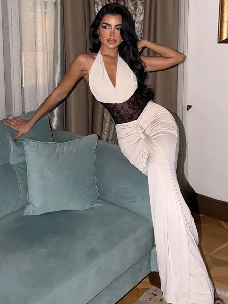 Сексуальное кружевное лоскутное плиссированное платье с лямкой на шее, женское шикарное платье с v-образным вырезом без рукавов и открытой спиной, с высокой талией, тонкие платья, женские клубные вечерние халаты
Сексуальное кружевное лоскутное плиссированное платье с лямкой на шее, женское шикарное платье с v-образным вырезом без рукавов и открытой спиной, с высокой талией, тонкие платья, женские клубные вечерние халаты