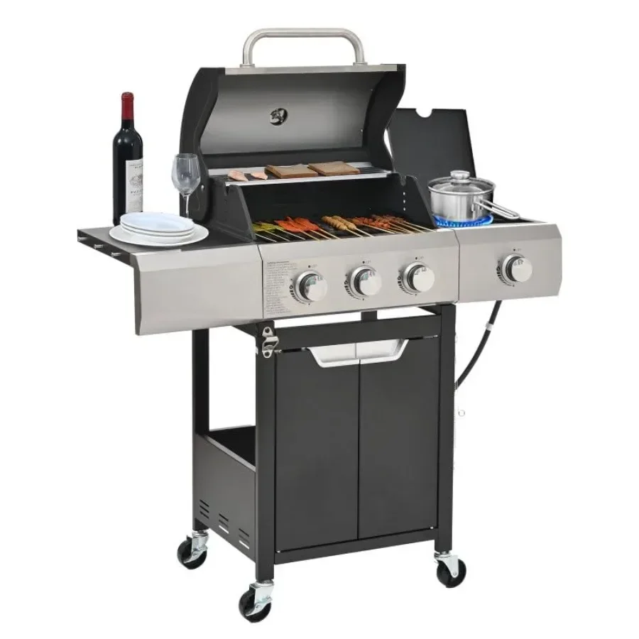 Patio and garden cooking: stainless steel 3-burner propane grill, 40, 500 BTU with side-fire function, enameled cast iron grate
Patio and garden cooking: stainless steel 3-burner propane grill, 40, 500 BTU with side-fire function, enameled cast iron grate