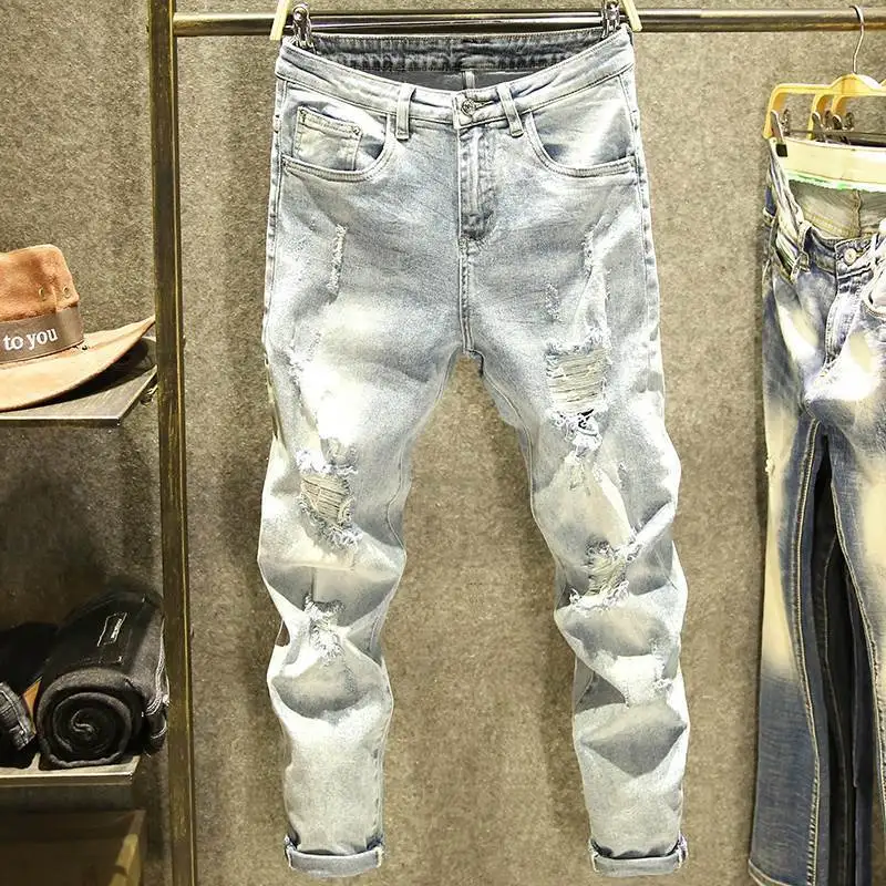 Spring Summer Light-colored Tattered Jeans Men's Slim-fit Korean Youth Elastic Small Feet Beggar Pants Trendy Brand Overalls Man
Spring Summer Light-colored Tattered Jeans Men's Slim-fit Korean Youth Elastic Small Feet Beggar Pants Trendy Brand Overalls Man