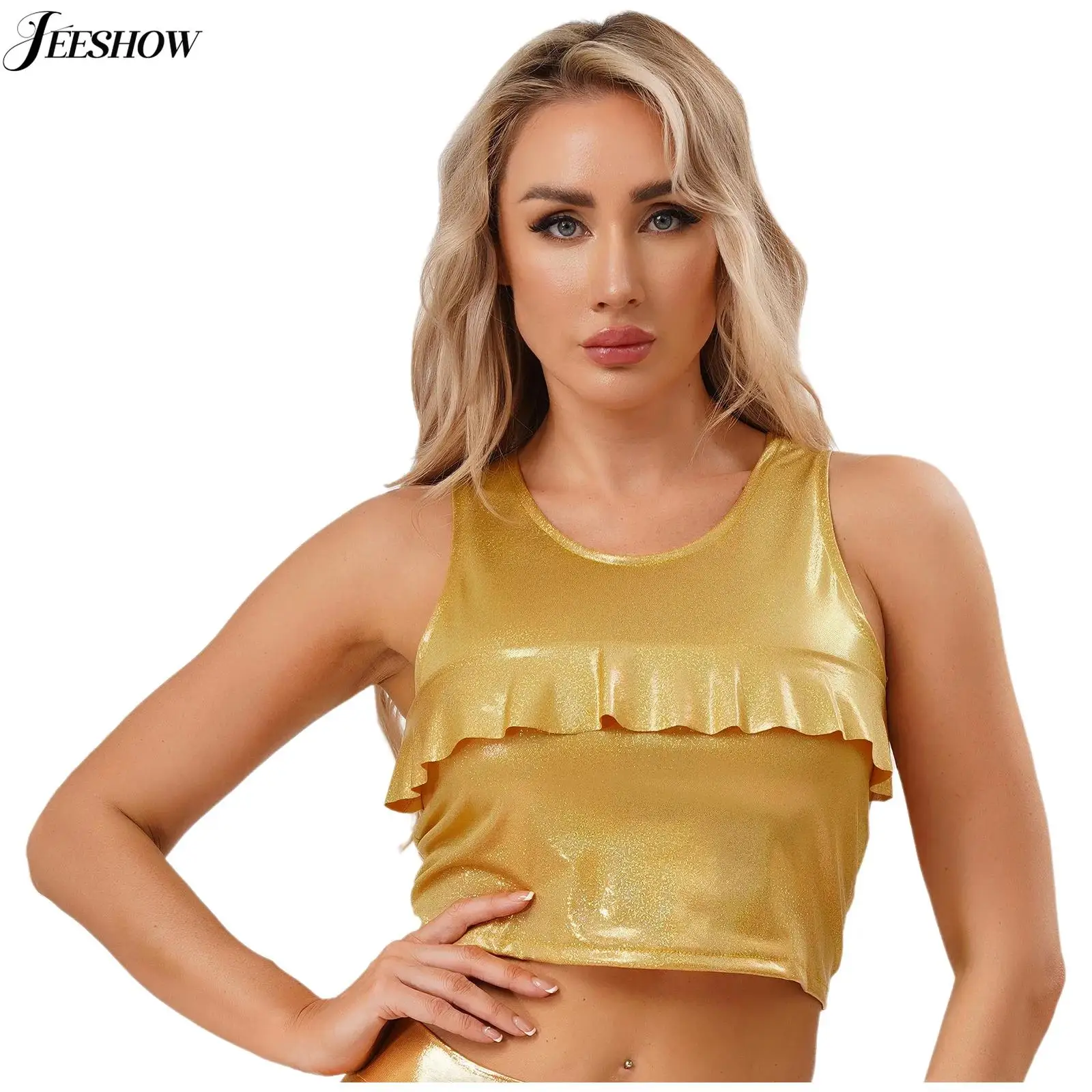 Womens Shiny Metallic Ruffled Trim Tank Top Round Neck Sleeveless Crop Vest Top Music Festival Rave Party Outfit Blouse Clubwear
Womens Shiny Metallic Ruffled Trim Tank Top Round Neck Sleeveless Crop Vest Top Music Festival Rave Party Outfit Blouse Clubwear