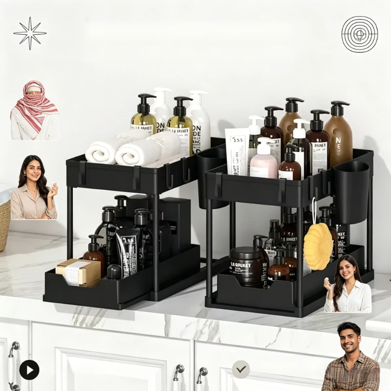 2-Tier Under Sink Cabinet Organizer Sliding Basket Storage Rack Hooks Hanging Cup Bathroom Kitchen Home
2-Tier Under Sink Cabinet Organizer Sliding Basket Storage Rack Hooks Hanging Cup Bathroom Kitchen Home