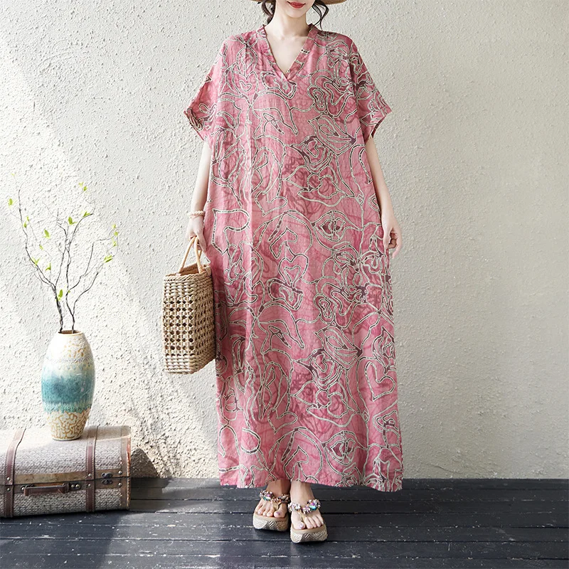 Summer New Loose Cotton Linen Beach Skirt V-Neck Long Artistic Women's Robe City Walk Batwing Sleeve Short Sleeve Dress
Summer New Loose Cotton Linen Beach Skirt V-Neck Long Artistic Women's Robe City Walk Batwing Sleeve Short Sleeve Dress