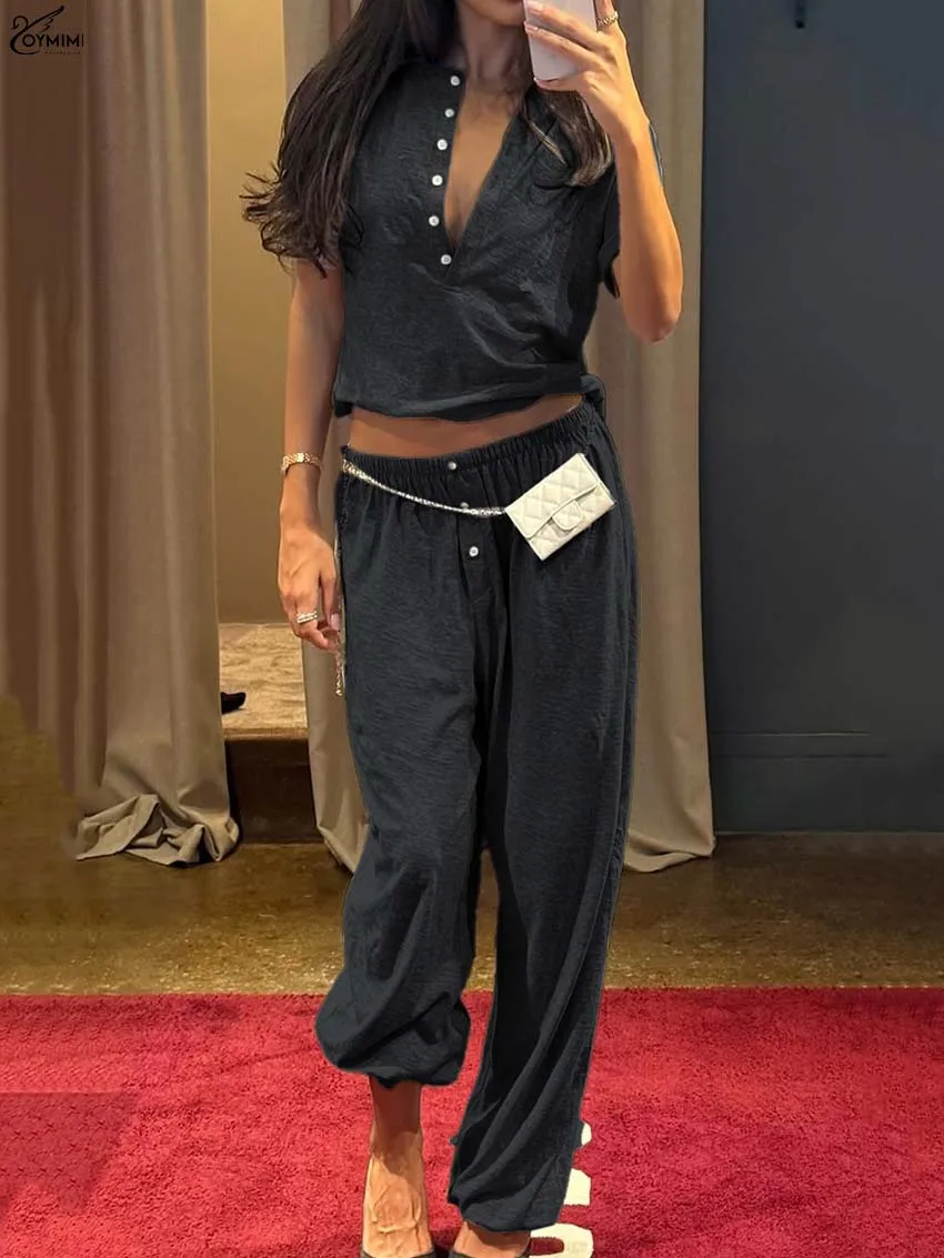 Oymimi Casual Black Cotton Two Piece Outfits Woman Fashion O-Neck Single Breasted Short Sleeve Blouses And Straight Trousers Set
Oymimi Casual Black Cotton Two Piece Outfits Woman Fashion O-Neck Single Breasted Short Sleeve Blouses And Straight Trousers Set