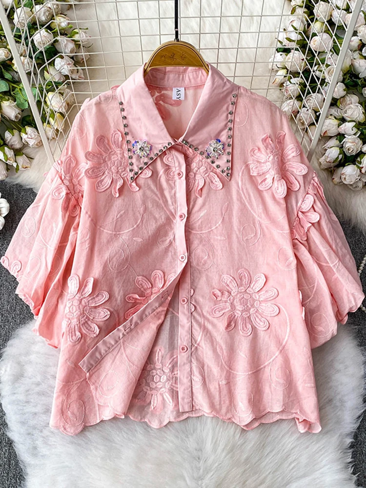 Summer Nail Bead Lapel Embroidered Loose Shirt for Women's New Three-dimensional Flower Fashion Lantern Sleeves Versatile Top
Summer Nail Bead Lapel Embroidered Loose Shirt for Women's New Three-dimensional Flower Fashion Lantern Sleeves Versatile Top