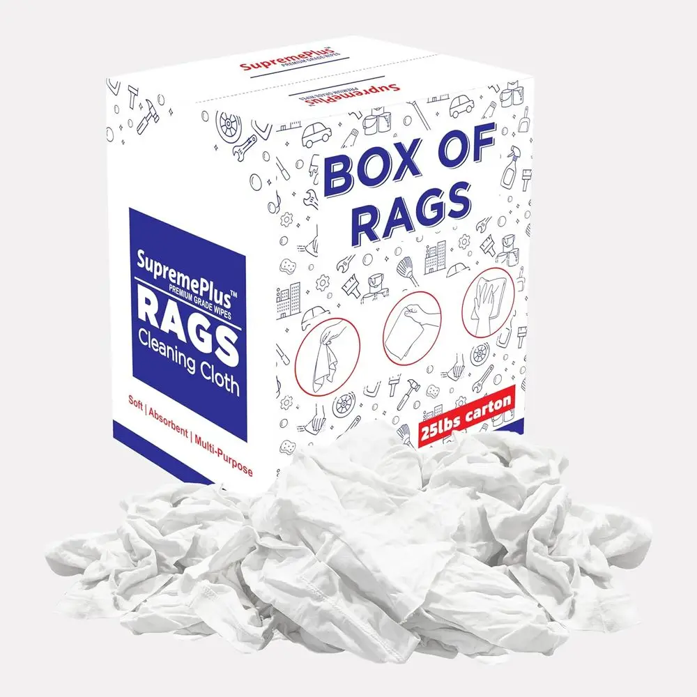 Bulk White Cotton Cleaning Rags - 25 lbs. Box for Multipurpose Use: Oil, Stain, Grease, Paint, Auto
Bulk White Cotton Cleaning Rags - 25 lbs. Box for Multipurpose Use: Oil, Stain, Grease, Paint, Auto