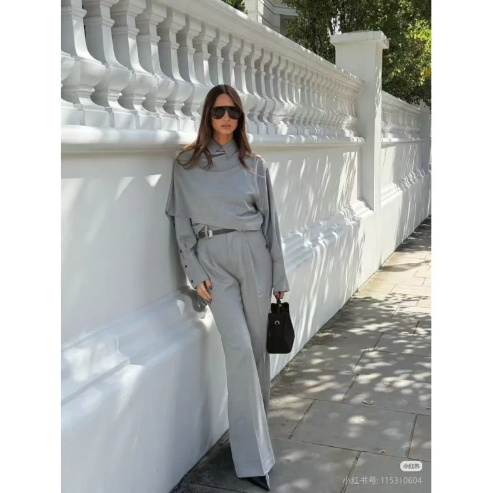 Fashion Gray 2 Piece Set Lapel Asymmetric Solid Color Long Sleeves Top High Waist Straight Pants Elegant Casual Office Lady
Fashion Gray 2 Piece Set Lapel Asymmetric Solid Color Long Sleeves Top High Waist Straight Pants Elegant Casual Office Lady