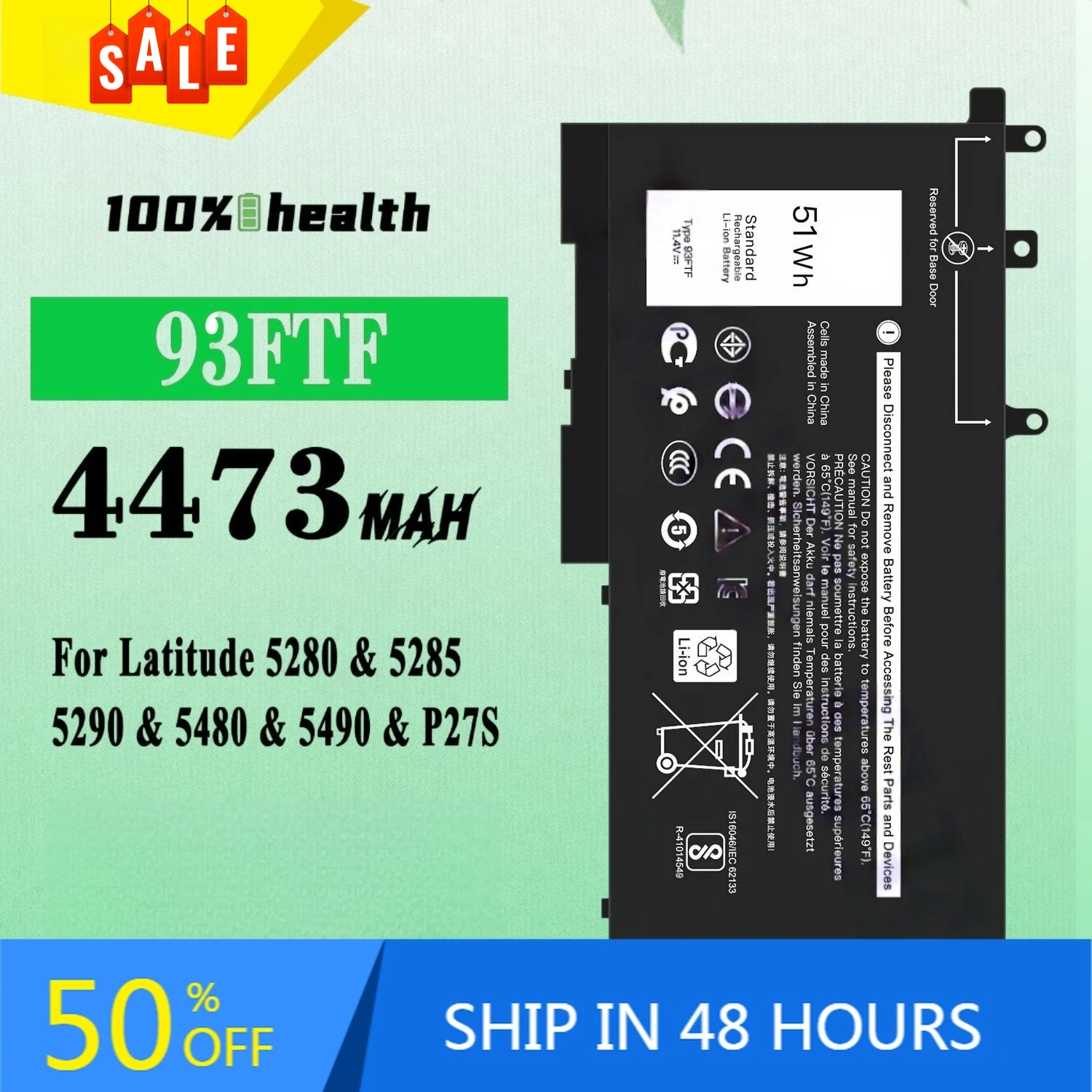 93FTF 4473mAh Laptop Battery for Dell Latitude 5280 5285 5290 5480 5490 Lithium Rechargeable Battery
93FTF 4473mAh Laptop Battery for Dell Latitude 5280 5285 5290 5480 5490 Lithium Rechargeable Battery