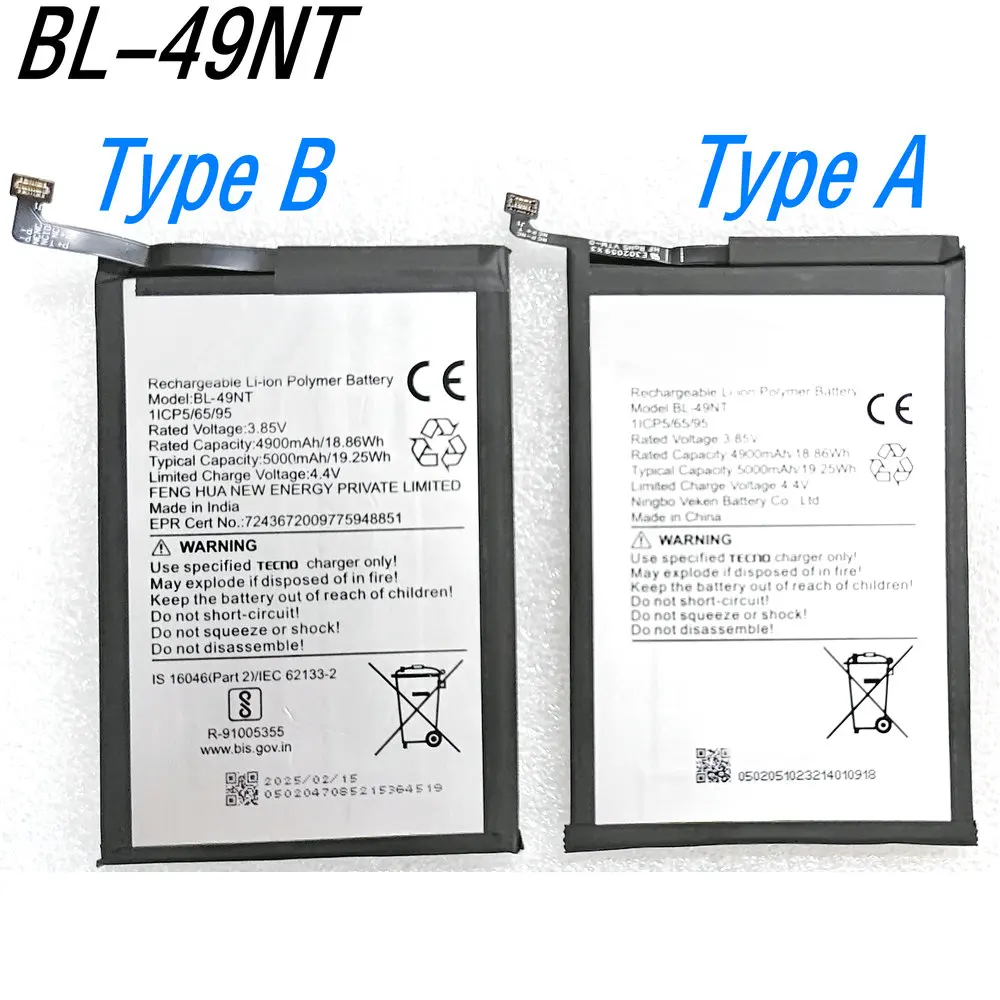 3.85V 19.25Wh BL-49NT Li-ion Polymer Battery For Tecno Spark Go BG6 Go1(Kl-4) Go1S 2025 Conector Macho Mobile Phone
3.85V 19.25Wh BL-49NT Li-ion Polymer Battery For Tecno Spark Go BG6 Go1(Kl-4) Go1S 2025 Conector Macho Mobile Phone