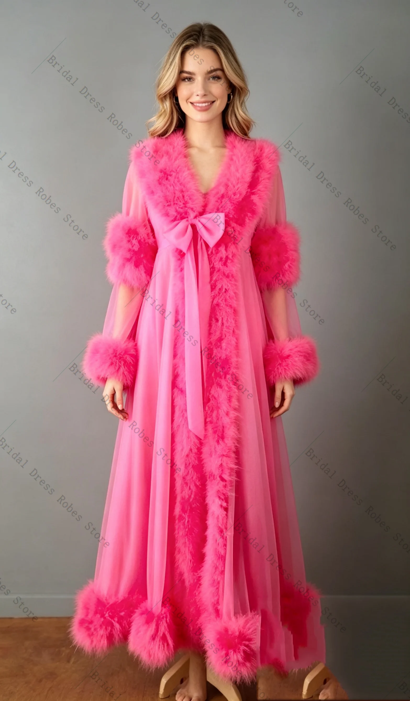 Hot Pink Fur Women Prom Dress For Photoshoot Formal Sexy V Neck Belted Long Sheer Bridal Morning Robe Customized Night Gown
Hot Pink Fur Women Prom Dress For Photoshoot Formal Sexy V Neck Belted Long Sheer Bridal Morning Robe Customized Night Gown
