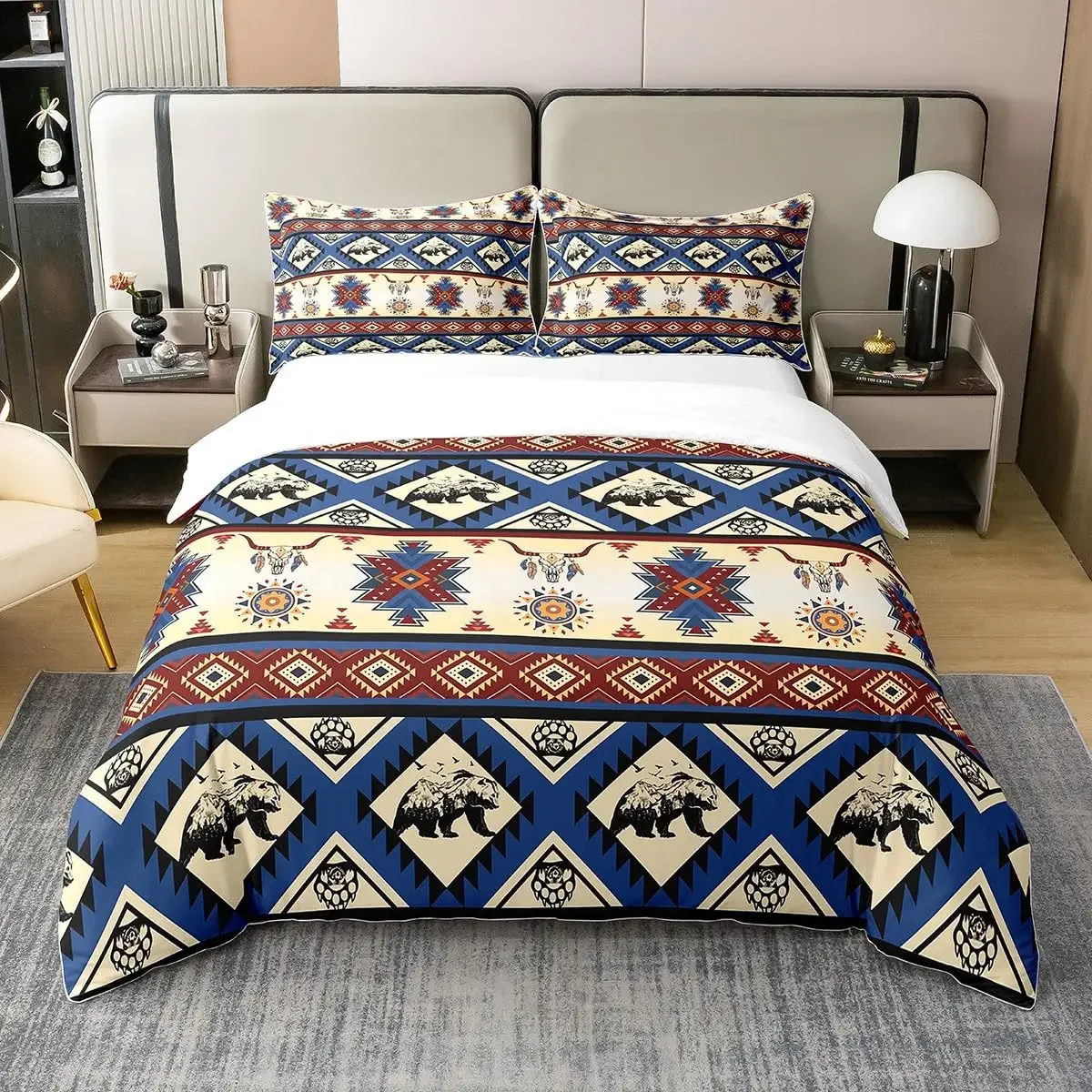 Western Duvet Cover, Comforter Cover Boho Tribal Geometry Aztec Bedding Set Queen King, Bull Print Bed Sets with 2 Pillow Shams
Western Duvet Cover, Comforter Cover Boho Tribal Geometry Aztec Bedding Set Queen King, Bull Print Bed Sets with 2 Pillow Shams