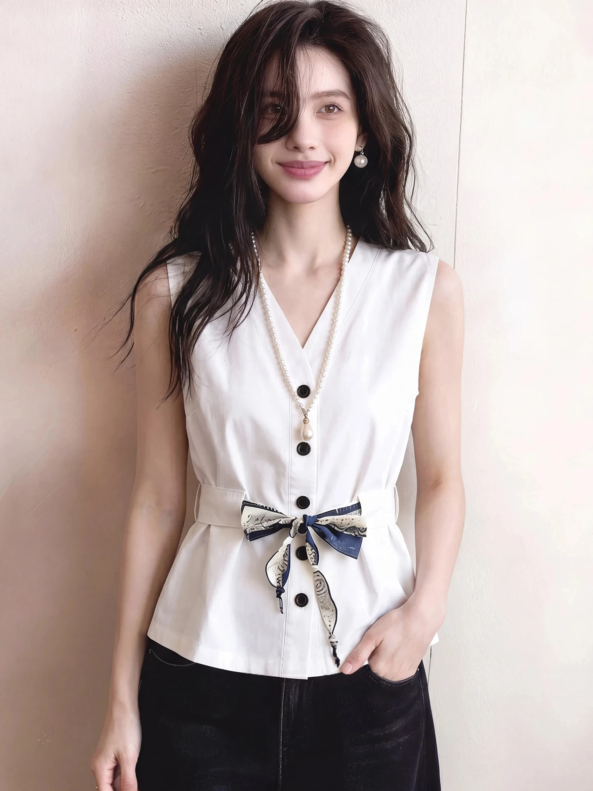 Elegant V-Neck Sleeveless Shirt Women's White Slimming Versatile High-End Feel Casual Style Fashionable Summer New Arrival
Elegant V-Neck Sleeveless Shirt Women's White Slimming Versatile High-End Feel Casual Style Fashionable Summer New Arrival