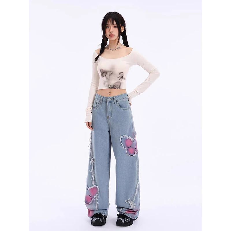 Blue Butterfly Mop Baggy Jeans Women's Vintage 90s Aesthetic Clothes Y2k Denim Trousers 2000s Harajuku Wide Leg Pants Female
Blue Butterfly Mop Baggy Jeans Women's Vintage 90s Aesthetic Clothes Y2k Denim Trousers 2000s Harajuku Wide Leg Pants Female
