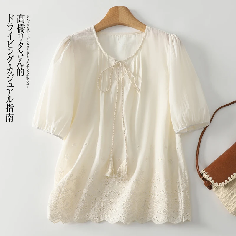 Tie-Neck Embroidery Beige Cotton Linen Shirts Blouses Women Korean Style Elegant Crochet Lace Trim Top
Tie-Neck Embroidery Beige Cotton Linen Shirts Blouses Women Korean Style Elegant Crochet Lace Trim Top