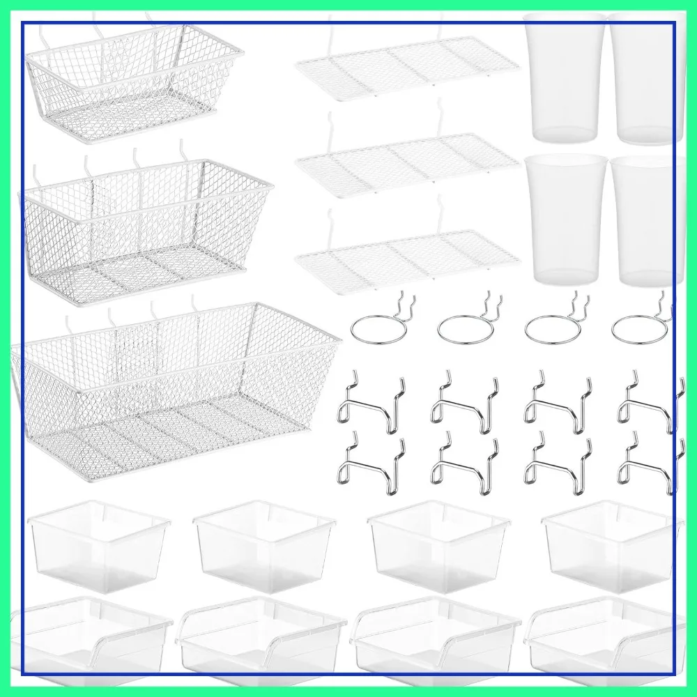 30 Pcs Pegboard Organizer Accessories Kit with Shelving, Baskets, Hooks, Loops, Cup Holder for Garage Wall Storage
30 Pcs Pegboard Organizer Accessories Kit with Shelving, Baskets, Hooks, Loops, Cup Holder for Garage Wall Storage