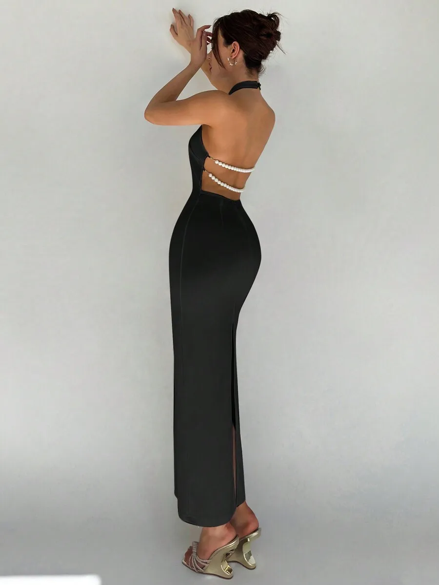Womens Backless Sleeveless Long Dress With Faux Pearl Decoration Black Elegant Formal Party Dress
Womens Backless Sleeveless Long Dress With Faux Pearl Decoration Black Elegant Formal Party Dress