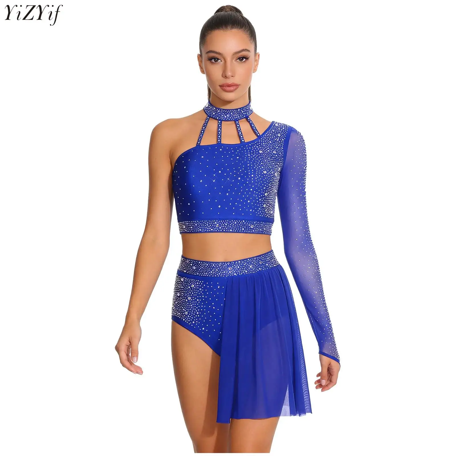 Women Latin Tango Dance Costume Halter Asymmetrical Single Long Sleeve Stappy Back Rhinestone Crop Top+Mesh Skirt Shorts Outfit
Women Latin Tango Dance Costume Halter Asymmetrical Single Long Sleeve Stappy Back Rhinestone Crop Top+Mesh Skirt Shorts Outfit