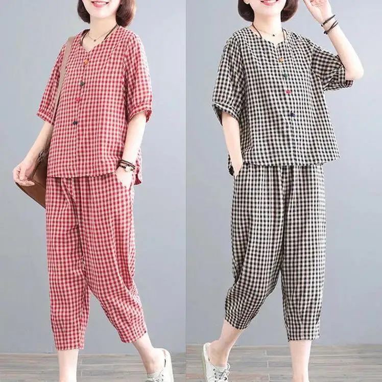 Summer Fashion Large Size Women's Cotton Plaid Two-Piece Set V-Neck Long Sleeve Loose Fit Pants Korean Style Commute Wind
Summer Fashion Large Size Women's Cotton Plaid Two-Piece Set V-Neck Long Sleeve Loose Fit Pants Korean Style Commute Wind
