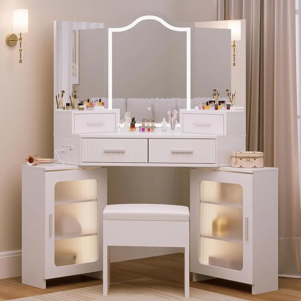 Lighted Makeup Vanity with 4 Drawers, 2 Cabinets, Tri-Way Mirror, and Cushioned Stool, Ideal for Bedroom in White
Lighted Makeup Vanity with 4 Drawers, 2 Cabinets, Tri-Way Mirror, and Cushioned Stool, Ideal for Bedroom in White