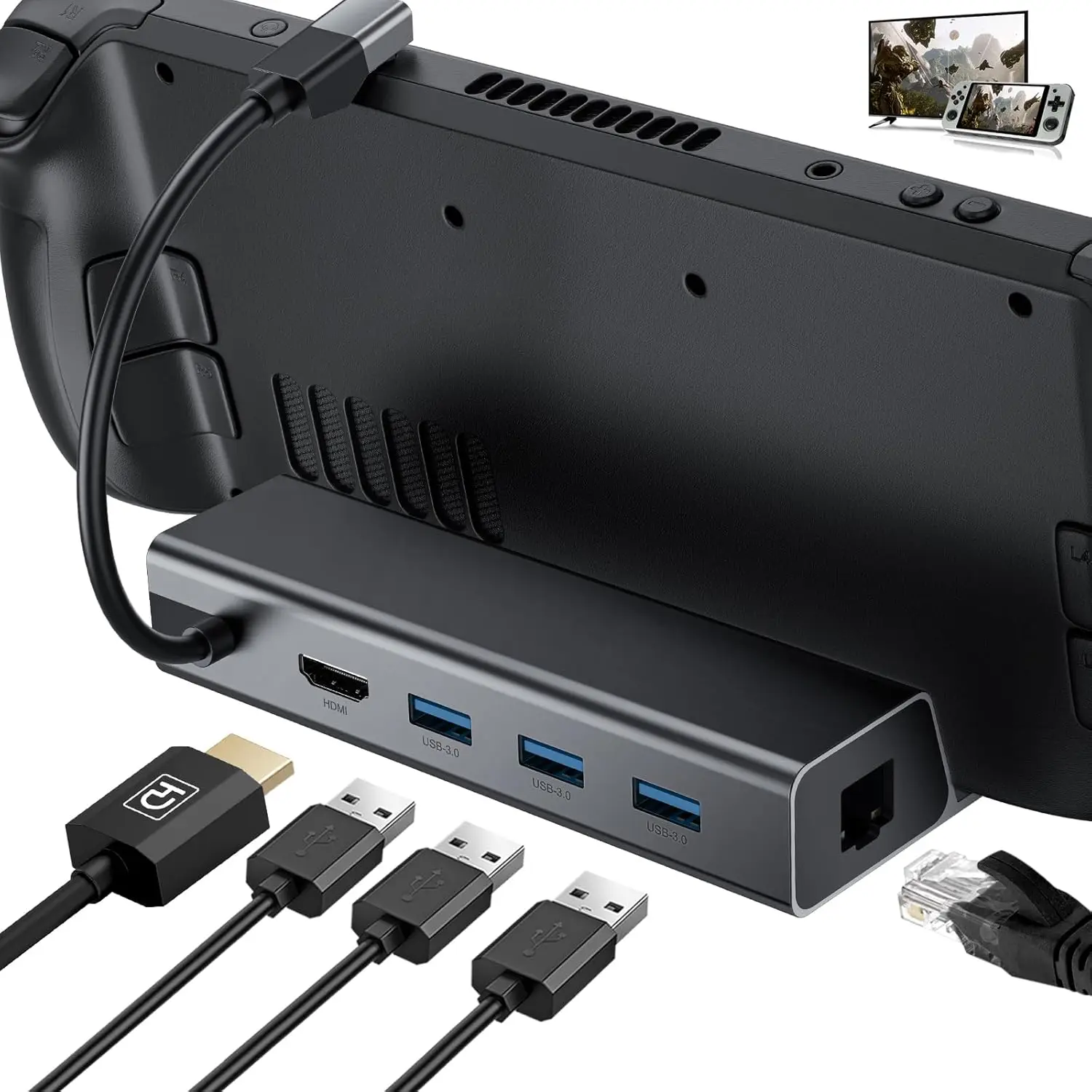 Docking Station 6-in-1 Steam Deck Dock with HDMI 2.0 4K@60Hz Gigabit Ethernet 3 USB-A 3.0 Full Speed Charging USB-C Port
Docking Station 6-in-1 Steam Deck Dock with HDMI 2.0 4K@60Hz Gigabit Ethernet 3 USB-A 3.0 Full Speed Charging USB-C Port