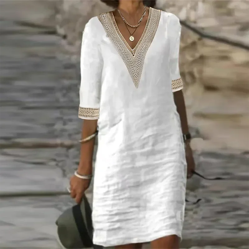 Women Cotton Linen Dress Summer Fashion Solid Color Hallow Out Mini Dresses Female Oversize Casual Mid-Sleeve Dresses Vestidos
Women Cotton Linen Dress Summer Fashion Solid Color Hallow Out Mini Dresses Female Oversize Casual Mid-Sleeve Dresses Vestidos