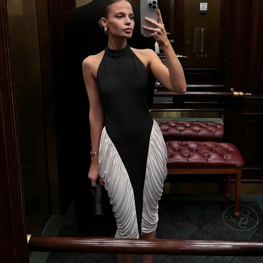 【New style】Women's clothing niche new round collar sleeveless black and white contrast color figure-fitting pleated backless mi
【New style】Women's clothing niche new round collar sleeveless black and white contrast color figure-fitting pleated backless mi