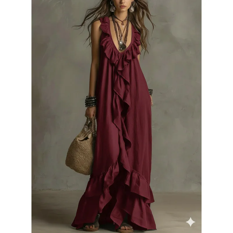 2026 New Boho Burgundy Sleeveless Maxi Dress Women Deep V Neck Ruffle Trim Flowy Loose Long Dress for Beach Holiday
2026 New Boho Burgundy Sleeveless Maxi Dress Women Deep V Neck Ruffle Trim Flowy Loose Long Dress for Beach Holiday
