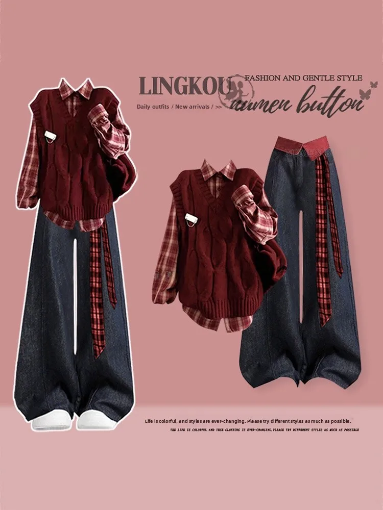 plus Size Autumn Winter College Style Set Women's Christmas Red Knitted Vest Shirt Slimming Vintage Jeans Three Piece Set
plus Size Autumn Winter College Style Set Women's Christmas Red Knitted Vest Shirt Slimming Vintage Jeans Three Piece Set