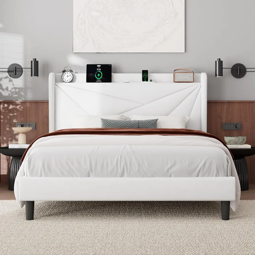 Queen Bed Frame with Charging Station, Upholstered Platform Bed Frame with Wingback Storage Headboard, Solid Wood Slats Support
Queen Bed Frame with Charging Station, Upholstered Platform Bed Frame with Wingback Storage Headboard, Solid Wood Slats Support