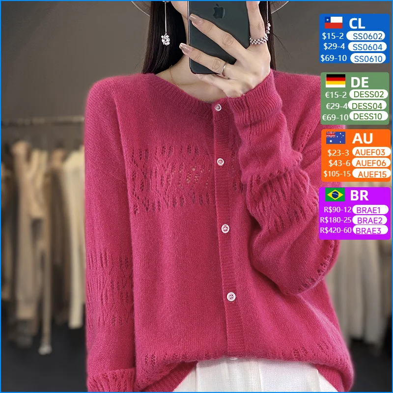 Spring Autumn Women 100% Merino Wool Cardigan Cashmere O-neck Sweater Curled Twisted Hollow Out Knitwear Bottoming Clothing Tops
Spring Autumn Women 100% Merino Wool Cardigan Cashmere O-neck Sweater Curled Twisted Hollow Out Knitwear Bottoming Clothing Tops