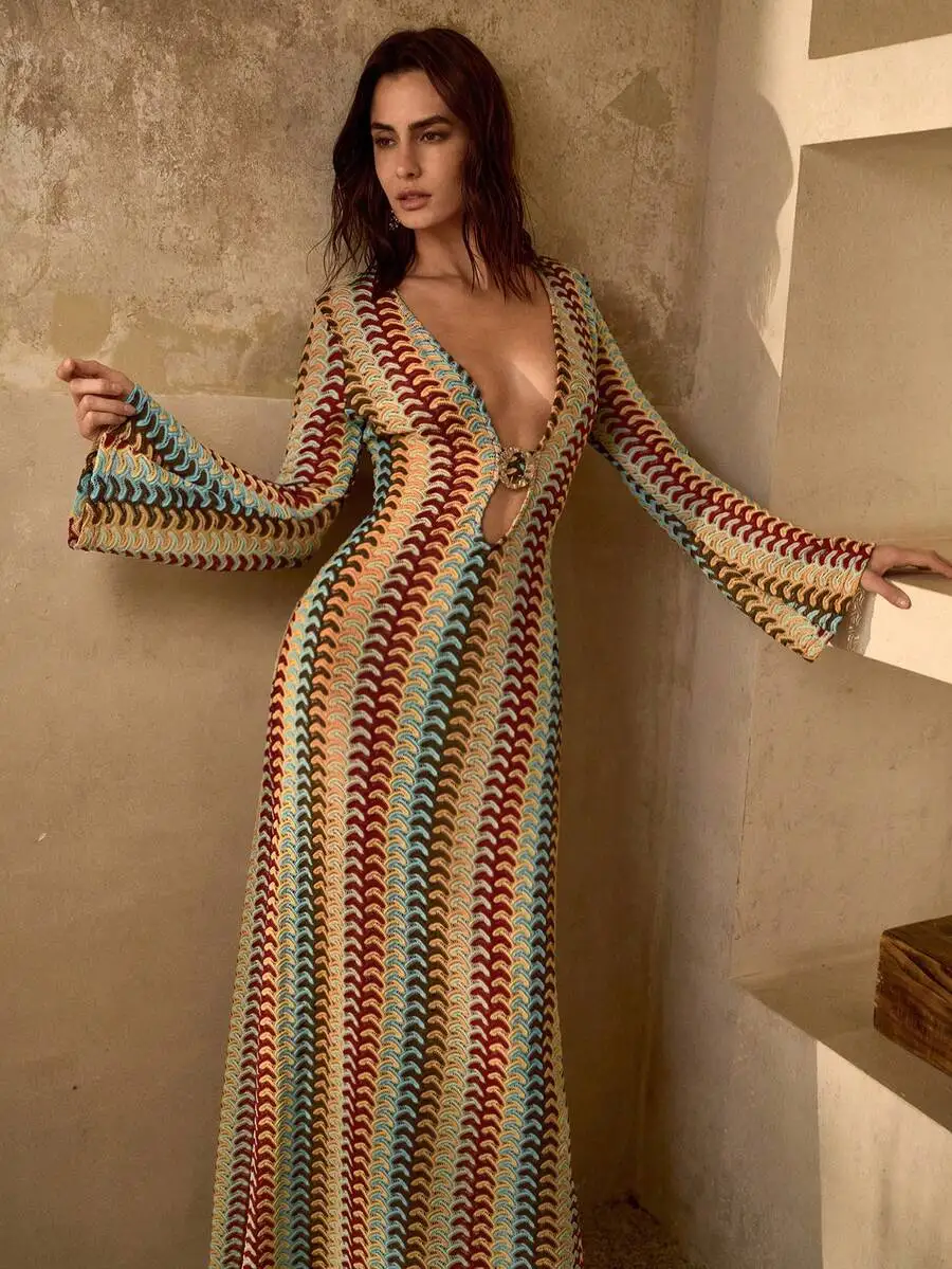 Deep V-Neck Bohemian Maxi Dress With Flare Sleeves Multi Color Striped Textured Beach Cover Up
Deep V-Neck Bohemian Maxi Dress With Flare Sleeves Multi Color Striped Textured Beach Cover Up