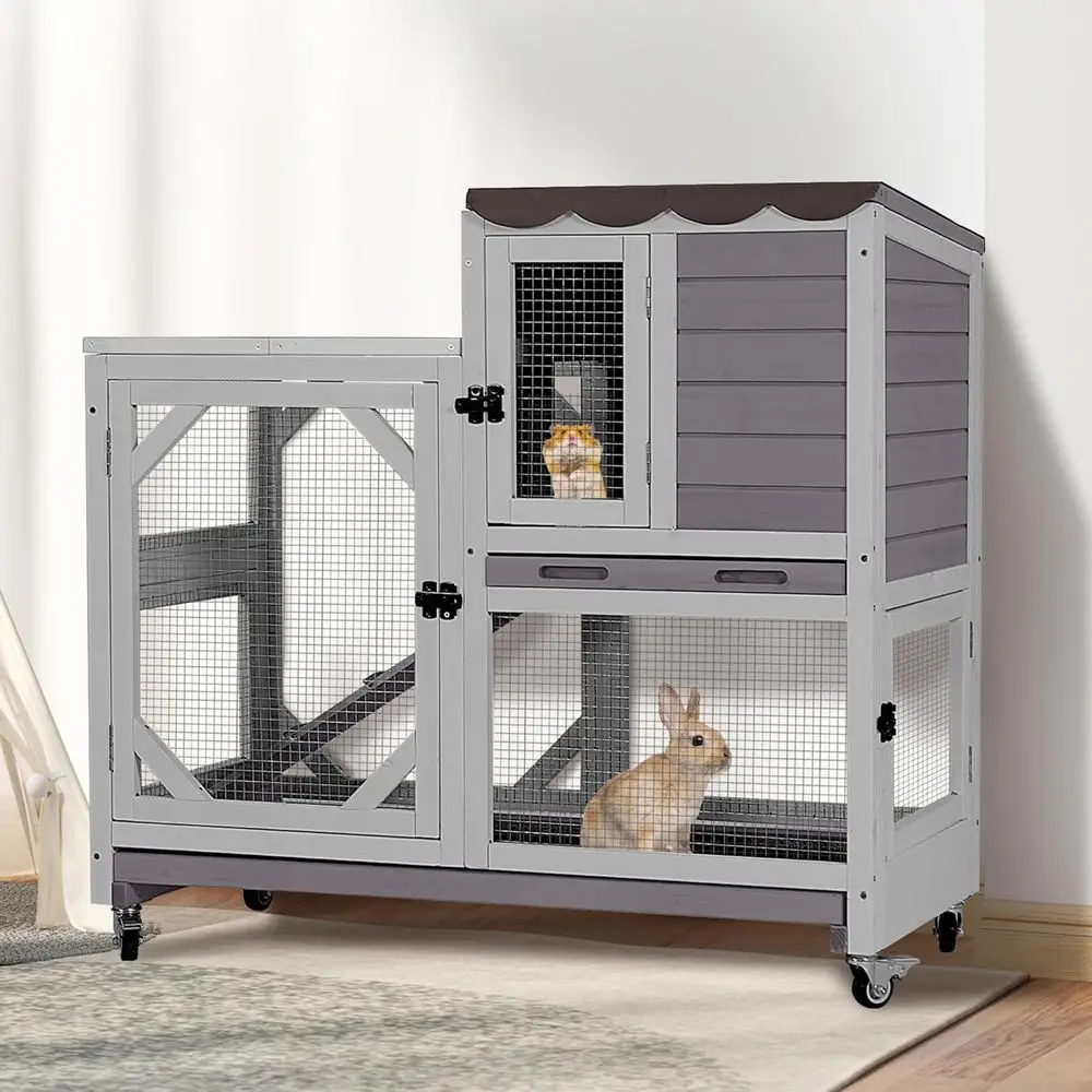 Duplex Rabbit Hutch Indoor with Chew-Proo e & 2 Leak-Proo Sliding Trays, Rain Cover, Wooden Guinea Pig Cages with Wheels - Grey
Duplex Rabbit Hutch Indoor with Chew-Proo e & 2 Leak-Proo Sliding Trays, Rain Cover, Wooden Guinea Pig Cages with Wheels - Grey