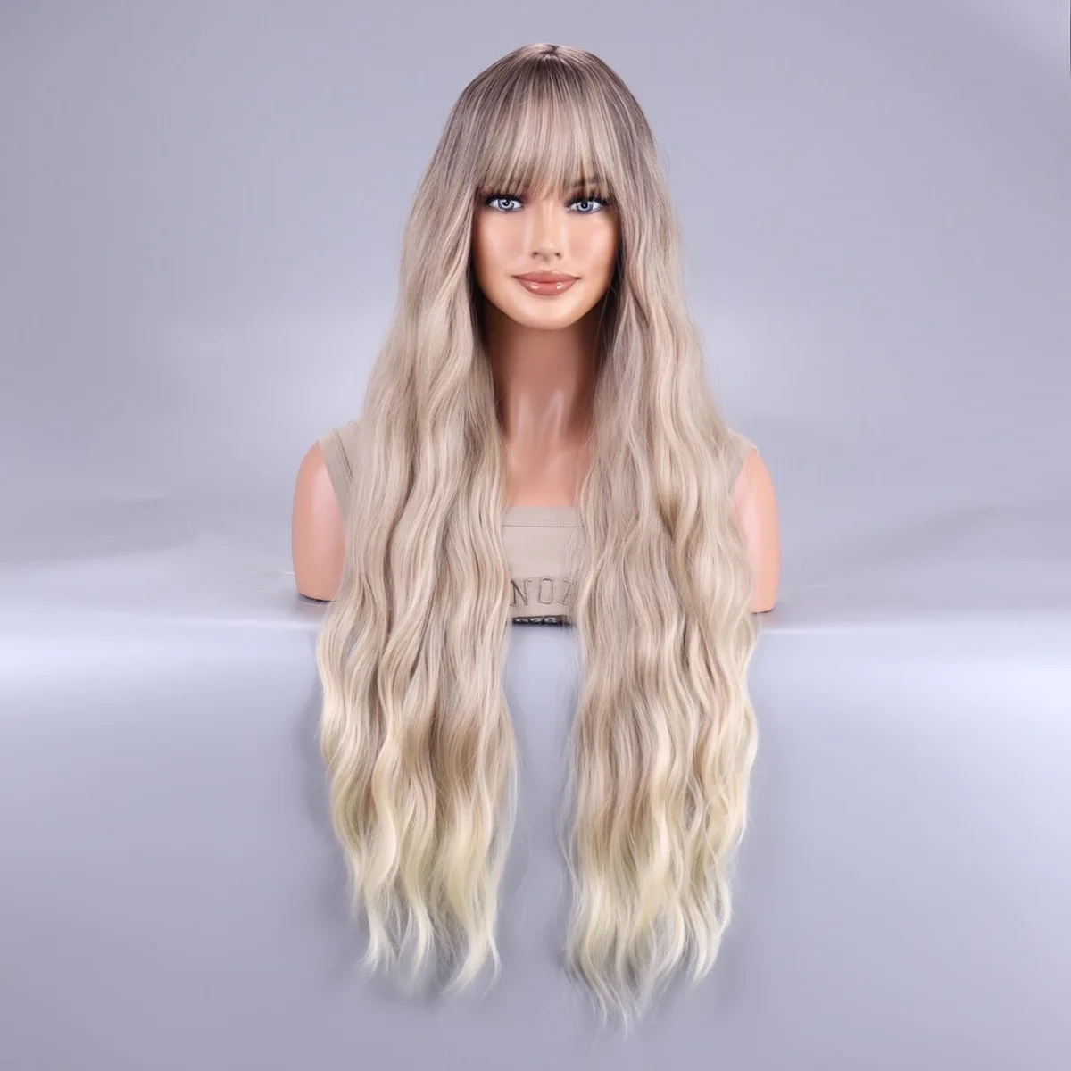 Brown gradual change blond bangs curly hair European and American wig women, mechanism high temperature silk headgear wig
Brown gradual change blond bangs curly hair European and American wig women, mechanism high temperature silk headgear wig
