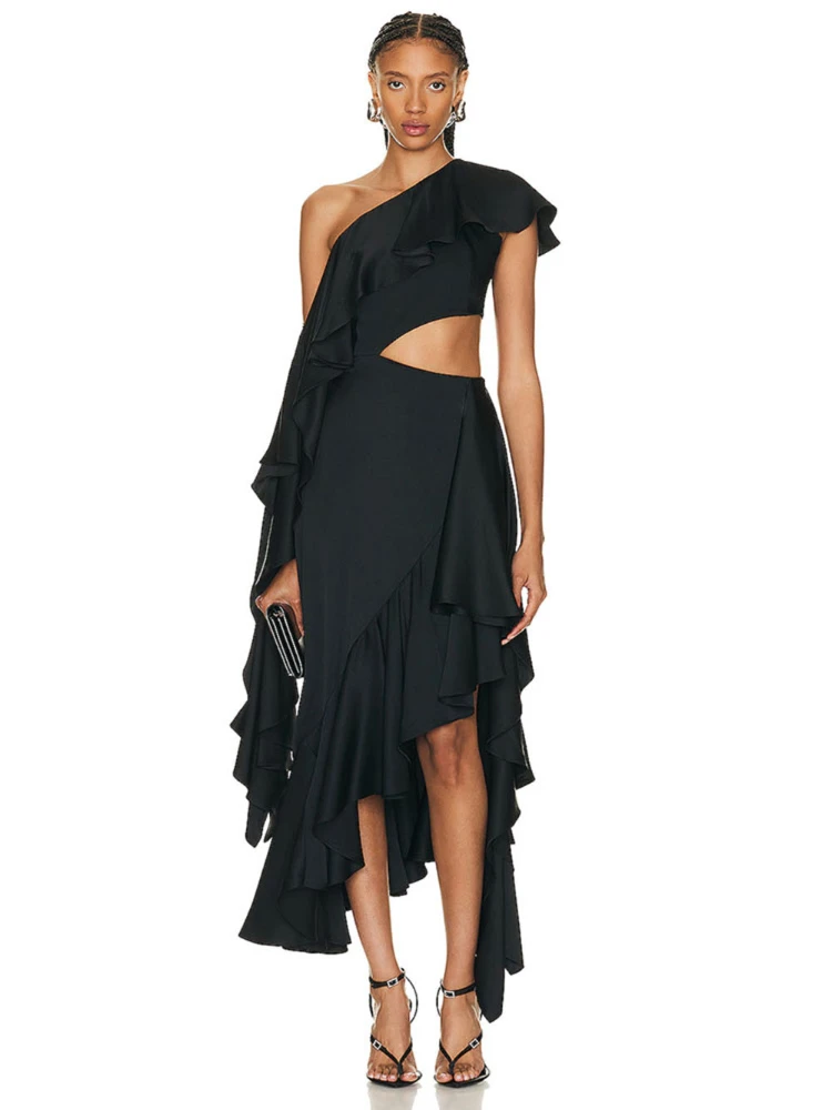Women's Black Sexy One Shoulder Asymmetric Ruffle Edge Hollow Ruffle Edge Pleated Midi Slim Fit Dress Party Club Dress
Women's Black Sexy One Shoulder Asymmetric Ruffle Edge Hollow Ruffle Edge Pleated Midi Slim Fit Dress Party Club Dress