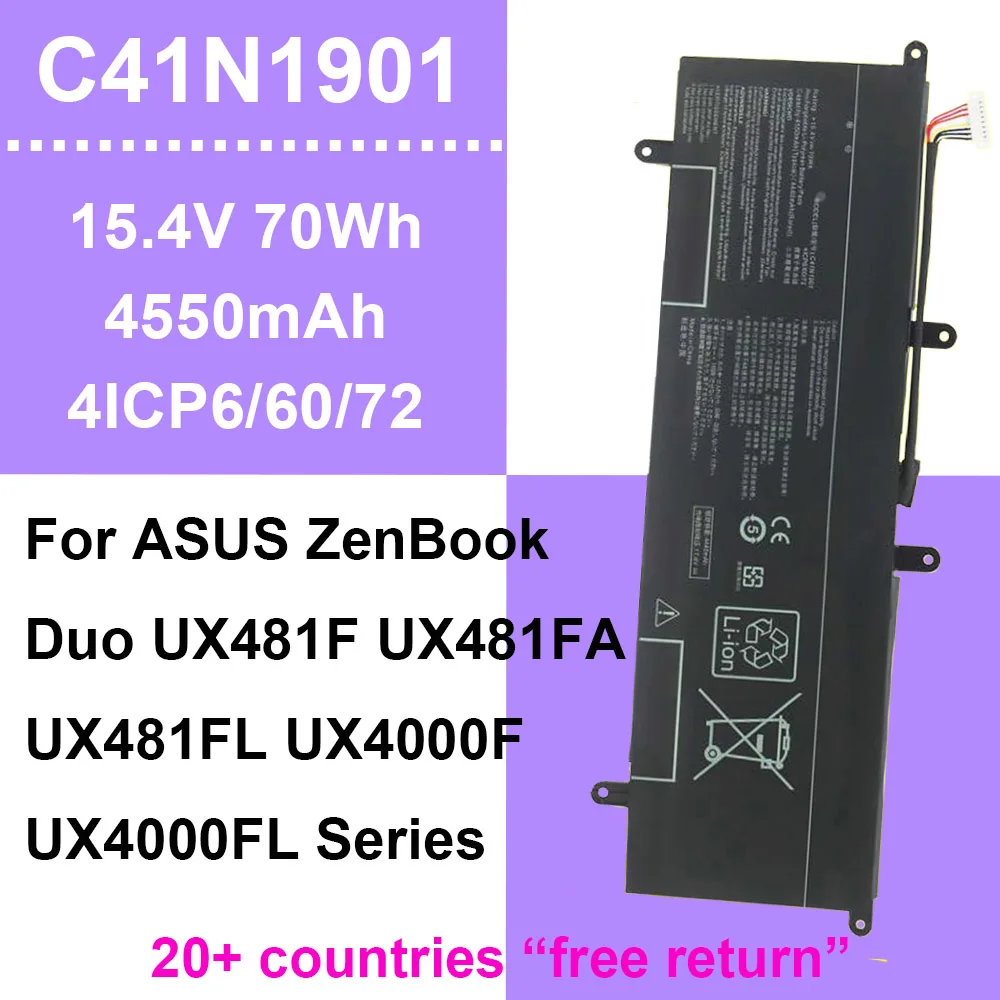 Для ASUS ZenBook Duo UX4000F UX4000FL UX481 UX481F UX481FA UX481FL серии ноутбуков C41N1901 15,4 В 70 Втч 4550 мАч аккумулятор для ноутбука
Для ASUS ZenBook Duo UX4000F UX4000FL UX481 UX481F UX481FA UX481FL серии ноутбуков C41N1901 15,4 В 70 Втч 4550 мАч аккумулятор для ноутбука