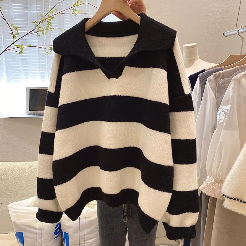 Women's Striped Knitted Sweater, Turn-Down Collar, Long-Sleeved, Loose, Thicken, Warm Female Pulls, Winter Outwears, New
Women's Striped Knitted Sweater, Turn-Down Collar, Long-Sleeved, Loose, Thicken, Warm Female Pulls, Winter Outwears, New