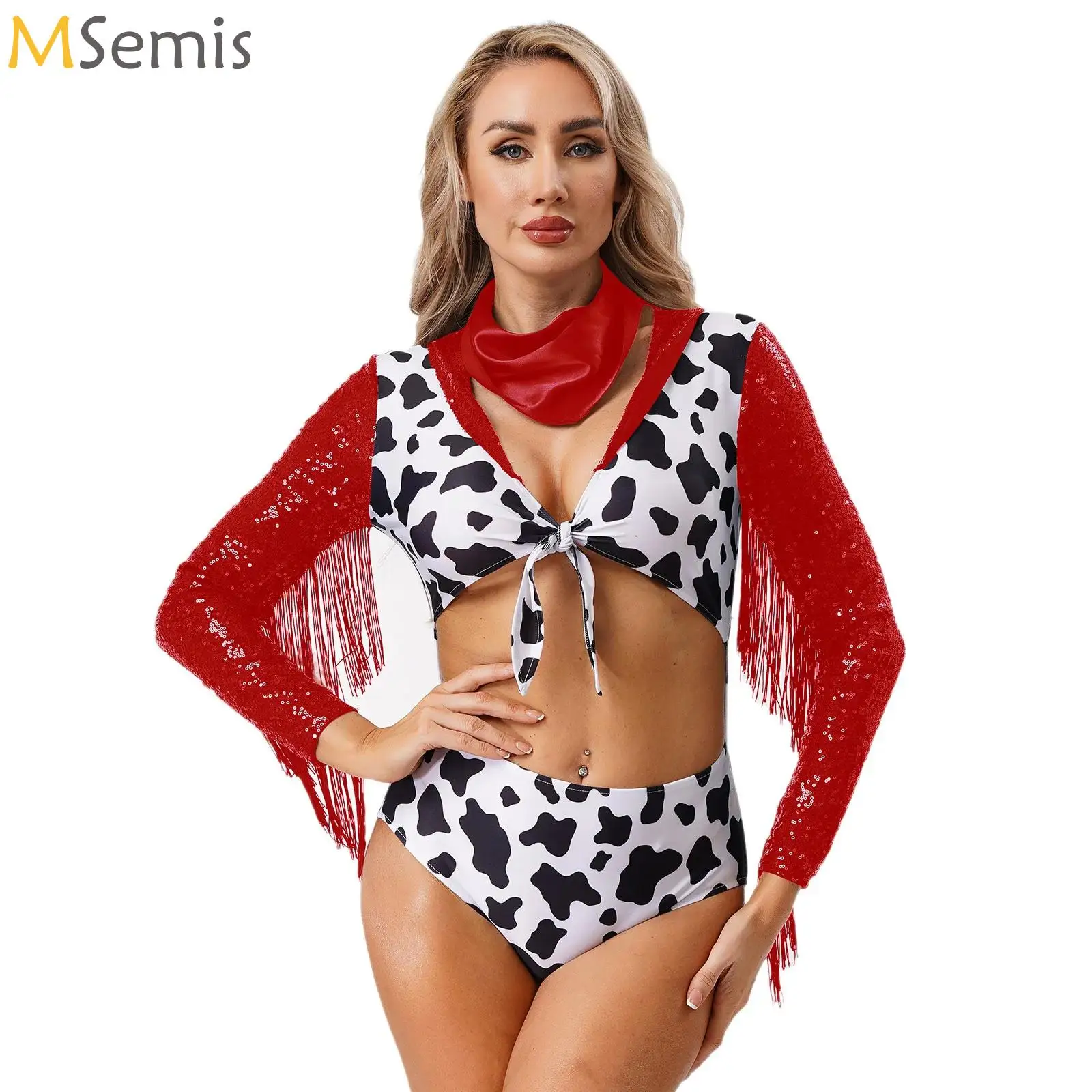 Women Cowgirl Halloween Theme Party Costume Front Tie Knot Shiny Sequins Long Sleeves Tassels Bodysuit with Neck Scarf Dancewear
Women Cowgirl Halloween Theme Party Costume Front Tie Knot Shiny Sequins Long Sleeves Tassels Bodysuit with Neck Scarf Dancewear