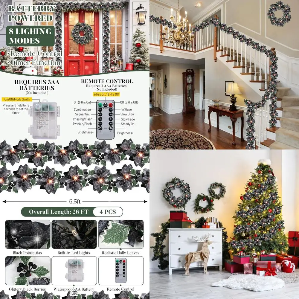 Prelit Poinsettia Garland with String Lights, Glitter Holly, Berries, Remote Timer, 8 Modes, 6.5ft Battery-Operated Indoor/Outdo
Prelit Poinsettia Garland with String Lights, Glitter Holly, Berries, Remote Timer, 8 Modes, 6.5ft Battery-Operated Indoor/Outdo